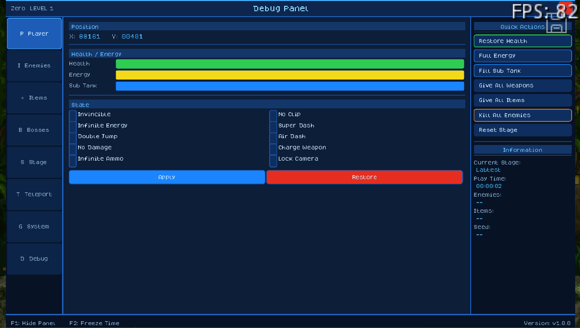 Painel de debug do jogo